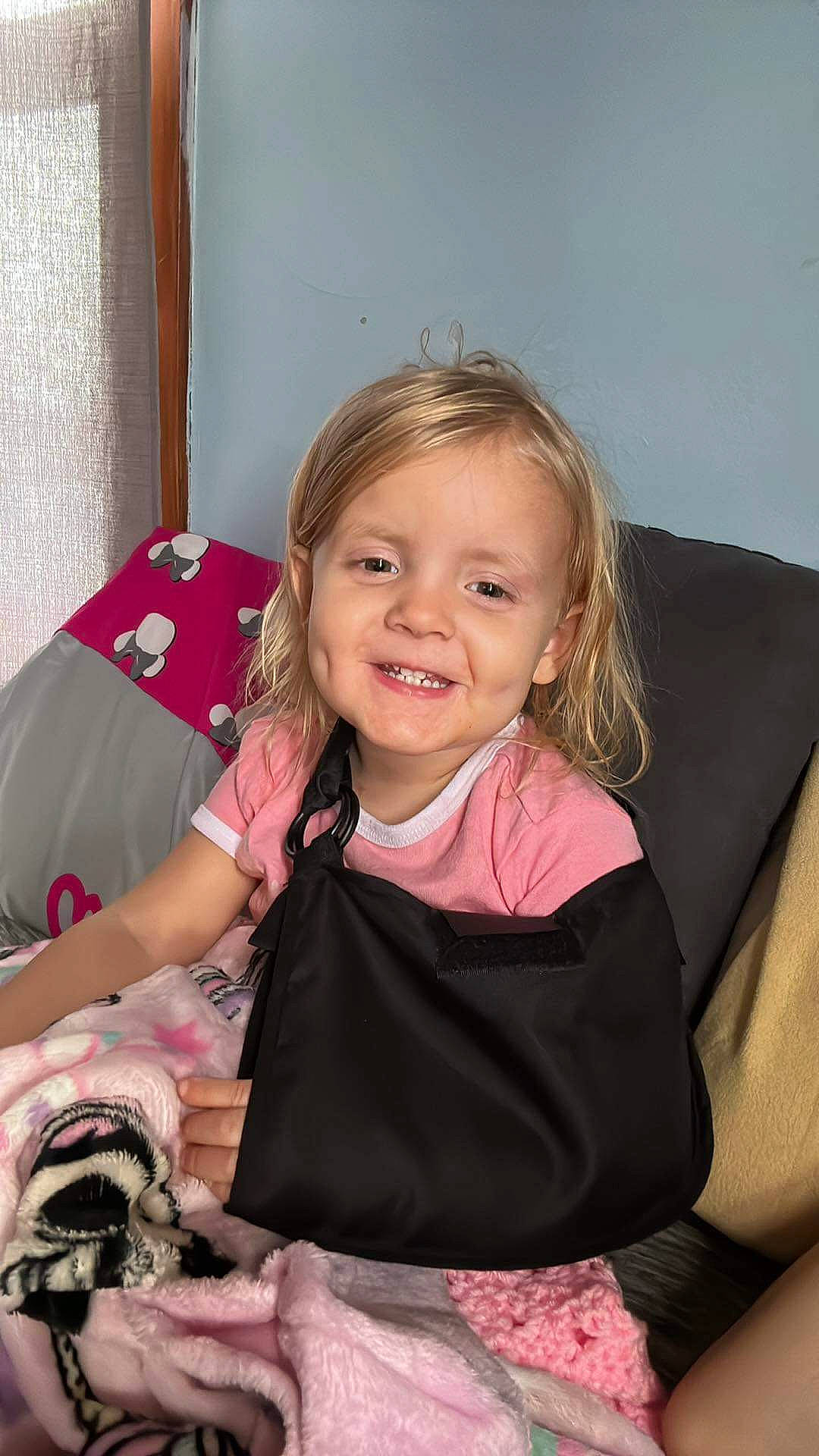 Haven joined the competition — help win amazing prizes! beauty, blond, bulldog, camera, carnivore, chair, child, companion_dog, facial_expression, fun, hairstyle, happy, joy, magenta, person, pink, room, sitting, skin, smile