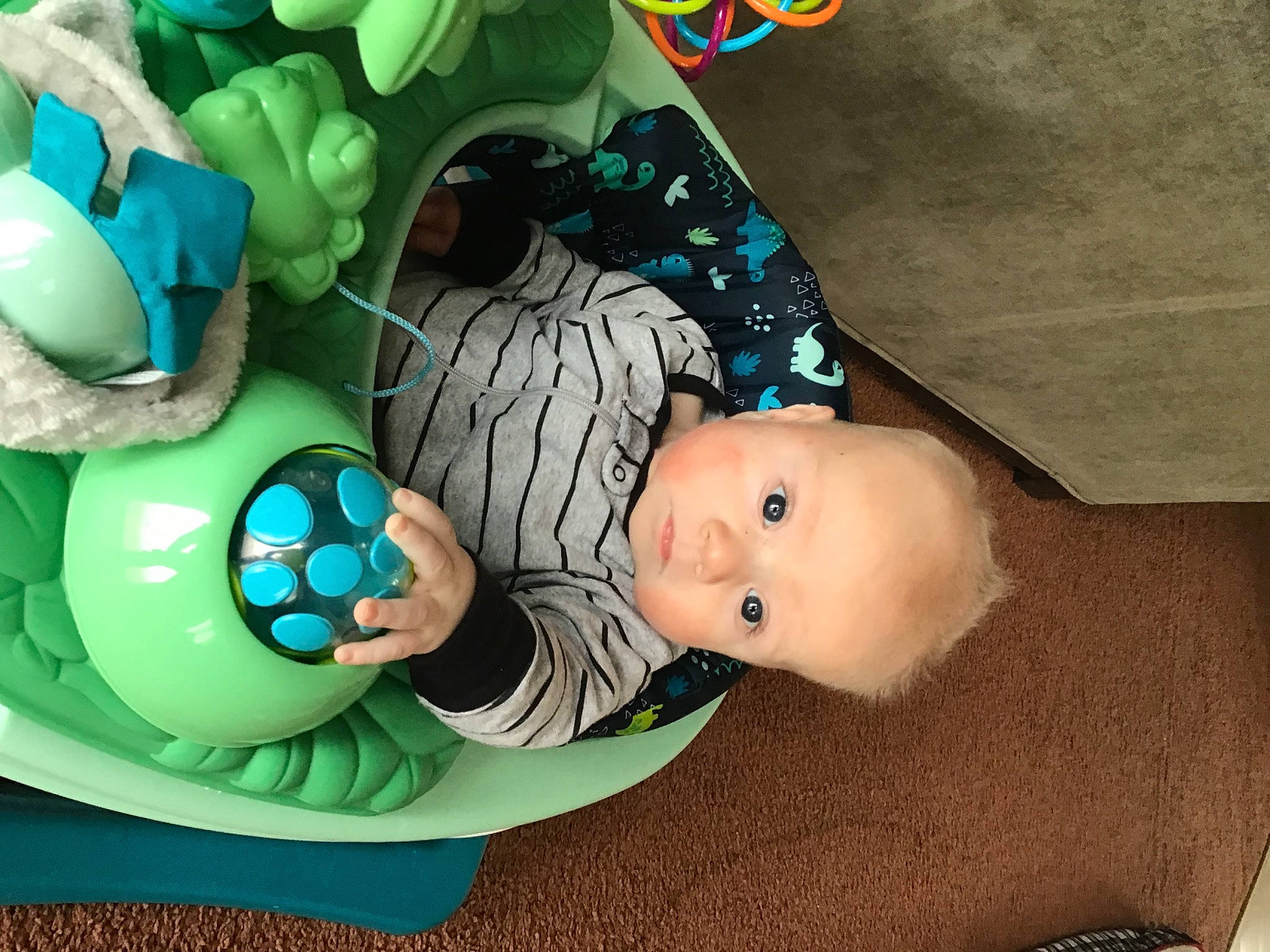 Timothy is registered to the contest to win money with this photo: baby, baby_products, baby_safety, baby_toddler_clothing, baby_toys, child, comfort, eye, fashion_accessory, green, happy, head, infant_bed, peripheral, person, plush, stuffed_toy, textile, toddler, toy