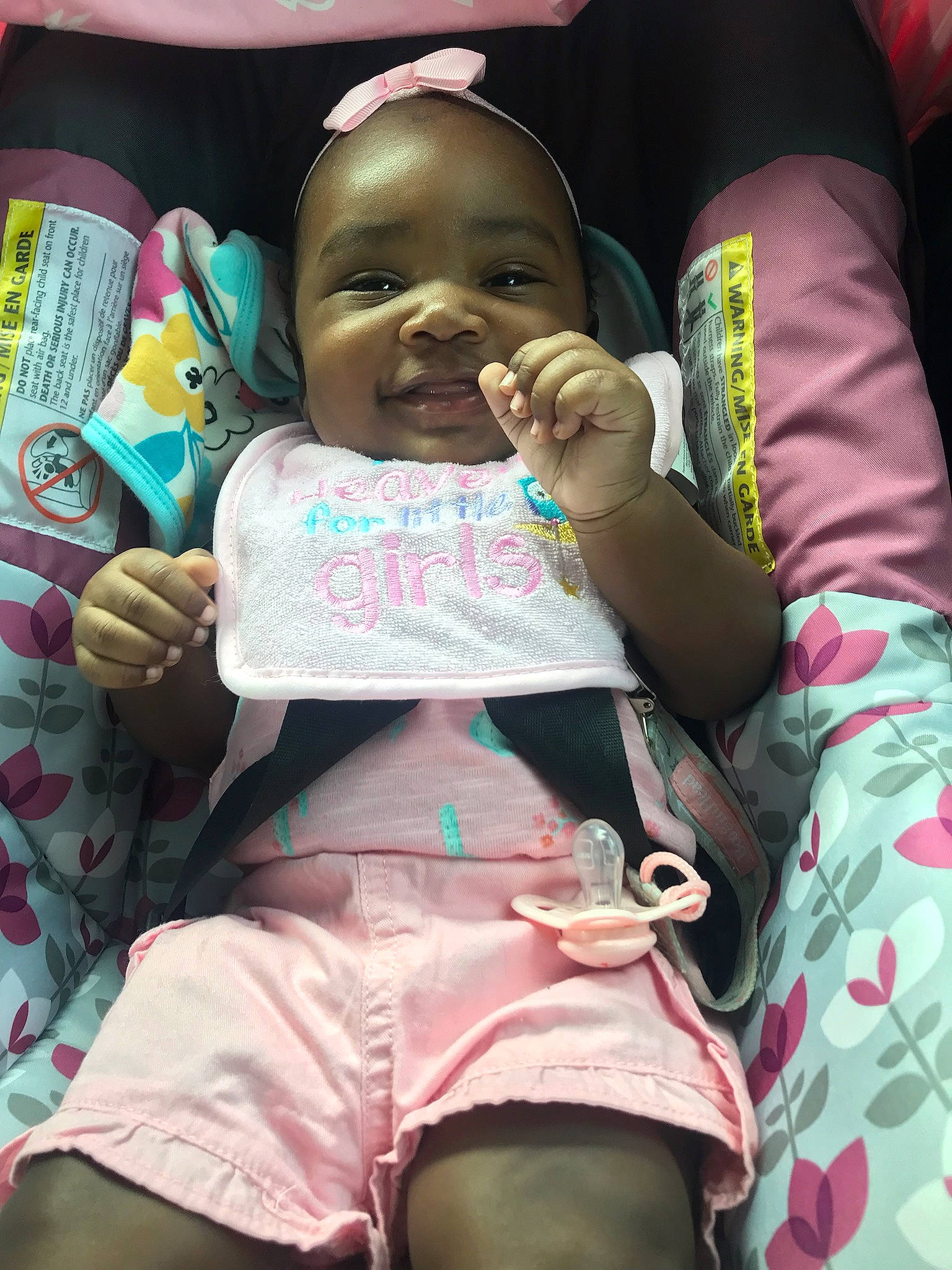 Kamaro joined the competition — help win amazing prizes! baby, baby_carriage, baby_products, baby_toddler_clothing, car_seat, cheek, child, comfort, event, fun, happy, lap, linens, person, pink, seat_belt, sitting, skin, smile, textile