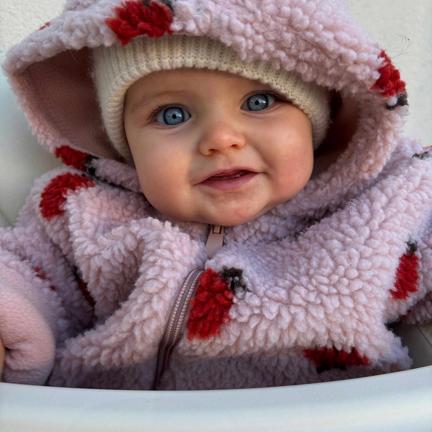 Noa a rejoint le concours — aidez-le/la à gagner de superbes lots ! adorable, baby, blue_eyes, cheeks, child, closeup, cozy, face, fleece_jacket, hand, hat, highchair, hood, infant, pattern, pink_clothing, portrait, skin, smile, zipper