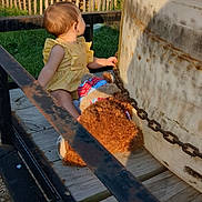 Brooklyn is registered to the contest to win money with this photo: baby, backyard, child, curious, fence, grass, infant, metal, nature, outdoor, rust, rusty_chain, side_view, stuffed_toy, summer, sunlight, toy, white_object, wooden_trailer, yellow_outfit