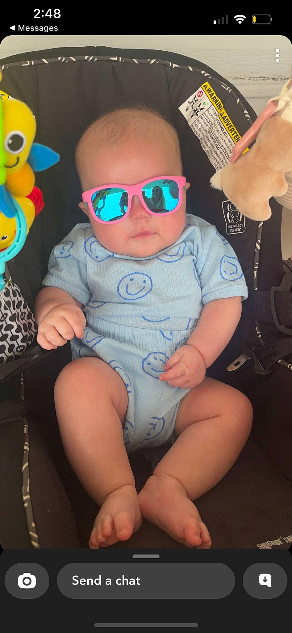 Cora is registered to the contest to win money with this photo: baby, baby_toddler_clothing, cheek, child, cool, eyewear, finger, fun, glasses, goggles, pattern, person, personal_protective_equipment, pink, skin, sleeve, sunglasses, thigh, thumb, toddler