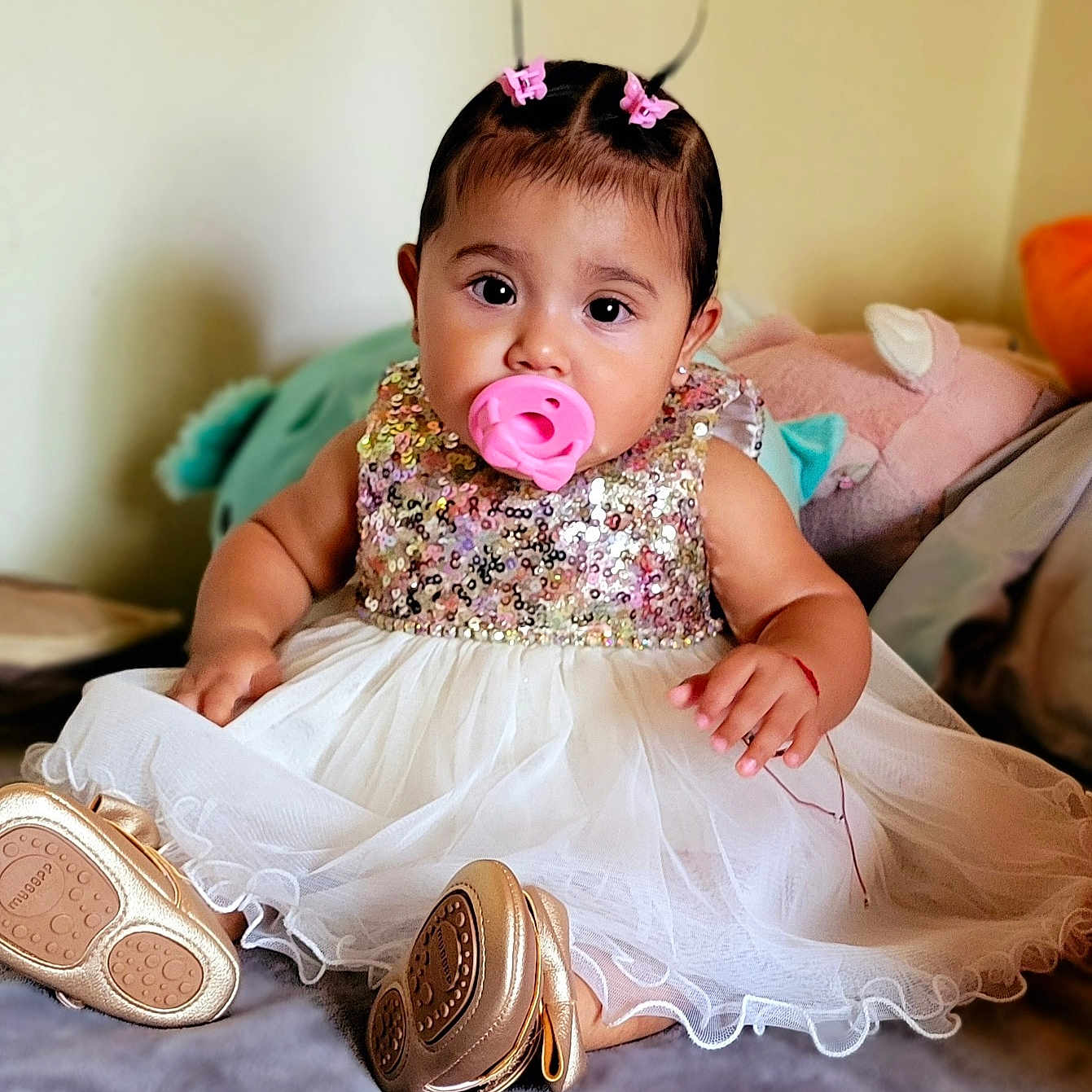 Isla Addilynn joined the competition — help win amazing prizes! accessories, baby, bodypart, clothing, couch, cushion, dress, face, finger, footwear, furniture, hand, head, homedecor, person, photography, portrait, shoe, sitting, wallet