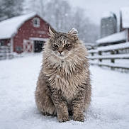 Ziva joined the competition — help win amazing prizes! animal, barn, calm, cat, cold, cute, farm, fence, fluffy, fur, gray, mammal, nature, outdoor, pet, rural, sitting, snow, snowfall, winter