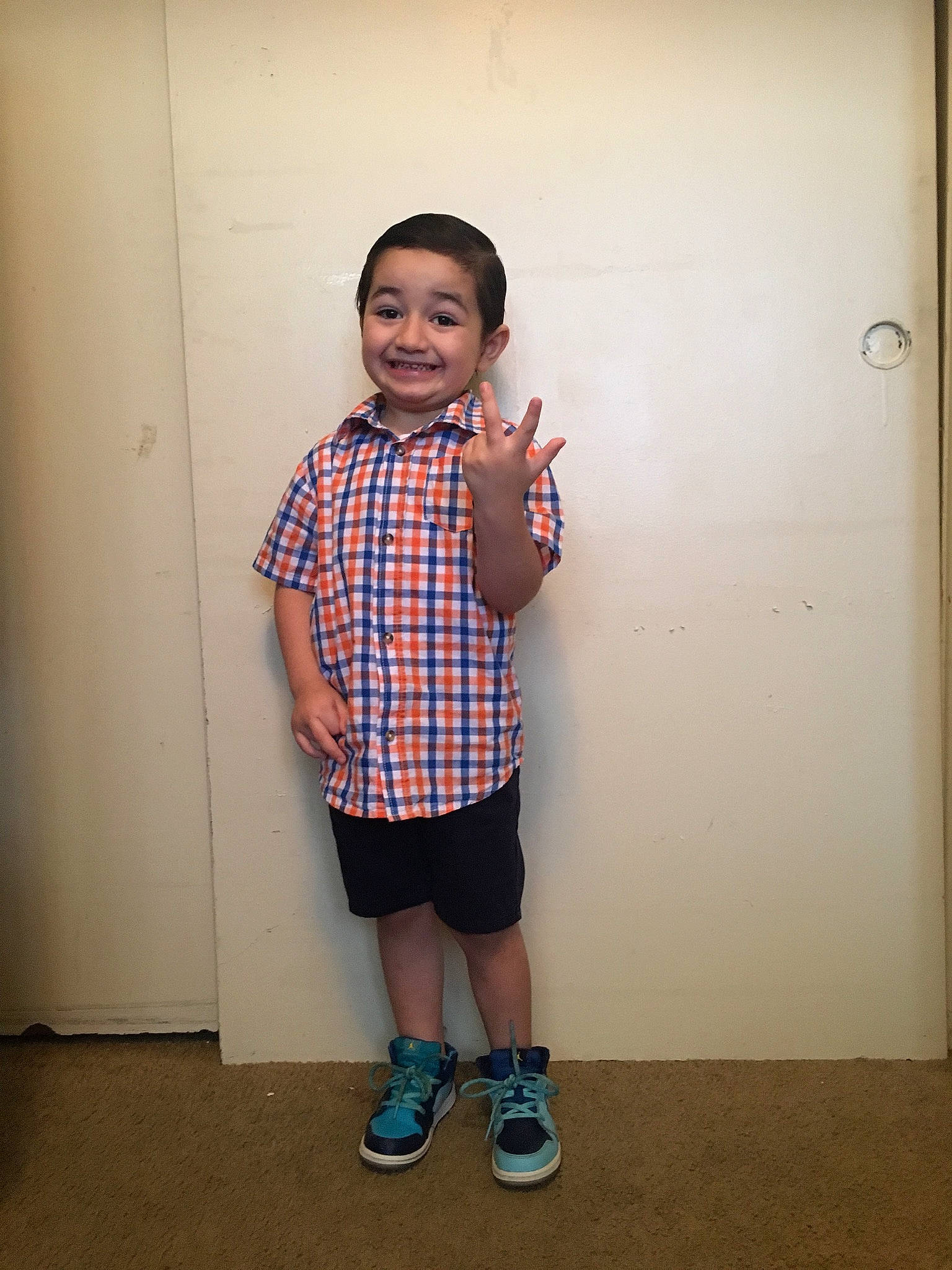Joshua joined the competition — help win amazing prizes! child, design, footwear, fun, joint, joy, knee, pattern, person, plaid, shirt, shoe, shoulder, smile, standing, t_shirt, toddler, vacation