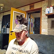 Toothless is registered to the contest to win money with this photo: animal, beard, black_cat, cap, casual_clothing, couch, curious, door, feline, furniture, hat, home, indoor, kitten, man, pet, relaxed, sitting, tattoo, wall_art