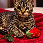 Minette a rejoint le concours — aidez-le/la à gagner de superbes lots ! animal, blanket, cat, closeup, cozy, curious, cute, domestic, feline, flower, indoor, kitten, paw, pet, portrait, red, rose, soft, tabby, whiskers