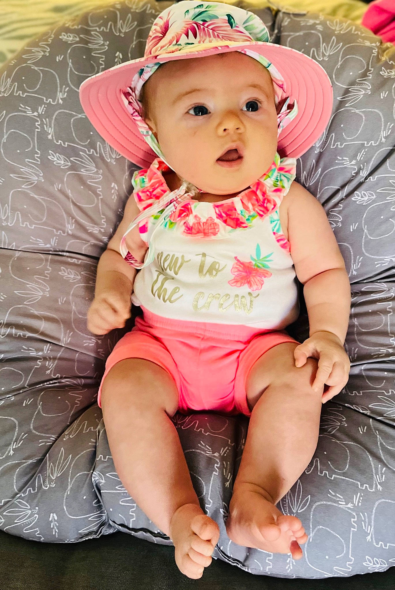 Cali is registered to the contest to win money with this photo: baby, baby_toddler_clothing, cheek, child, clothing, cool, eye, face, fun, happy, head, headwear, lip, person, pink, shorts, skin, sleeve, sun_hat, thigh