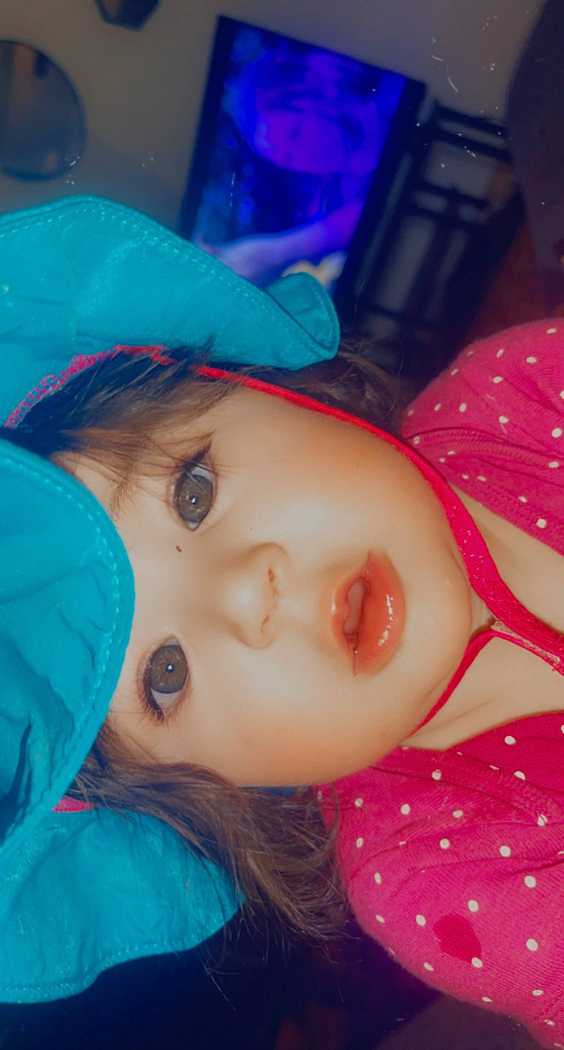 Emmalynn is registered to the contest to win money with this photo: black_hair, blue, cheek, cool, doll, eye, eyebrow, eyelash, fun, headgear, iris, lip, magenta, mouth, nose, person, pink, purple, skin, textile