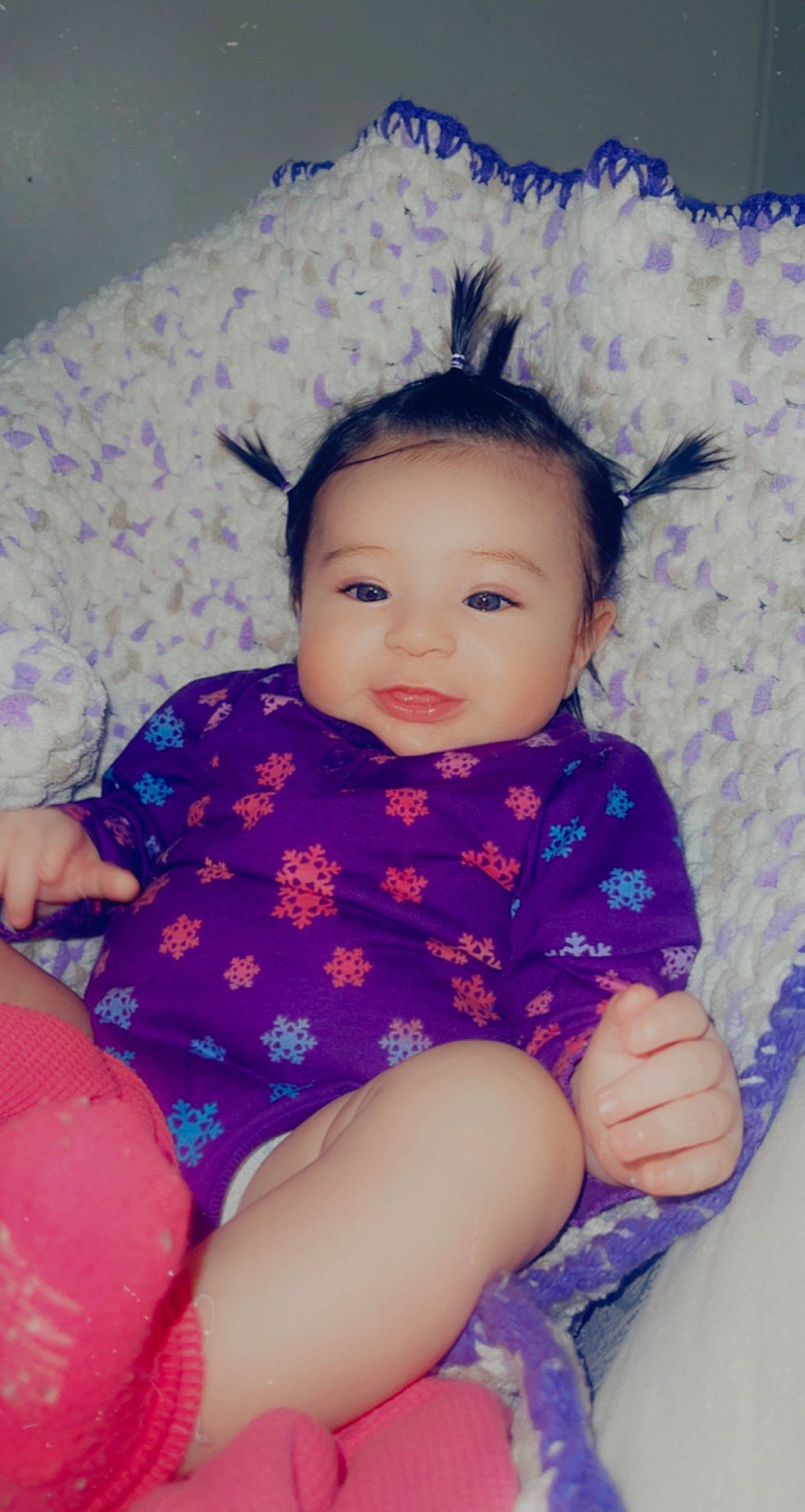 Emmalynn is registered to the contest to win money with this photo: arm, baby_toddler_clothing, blue, cheek, chin, clothing, eye, face, facial_expression, flash_photography, hair, hairstyle, head, iris, lip, organ, person, purple, skin, sleeve