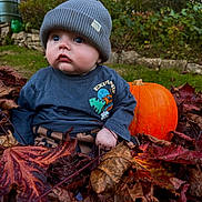 Jack is registered to the contest to win money with this photo: baby, child, autumn, leaves, pumpkin, hat, beanie, blue_eyes, outdoor, grass, fall, curious, cute, clothing, nature, seasonal, portrait, sitting, explorer_shirt, yard