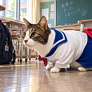Wasabi joined the competition — help win amazing prizes! cat, animal, classroom, school, uniform, costume, sailor_uniform, blue, white, red, backpack, desks, chalkboard, japanese_writing, indoor, floor, reflection, crouching, whiskers, portrait
