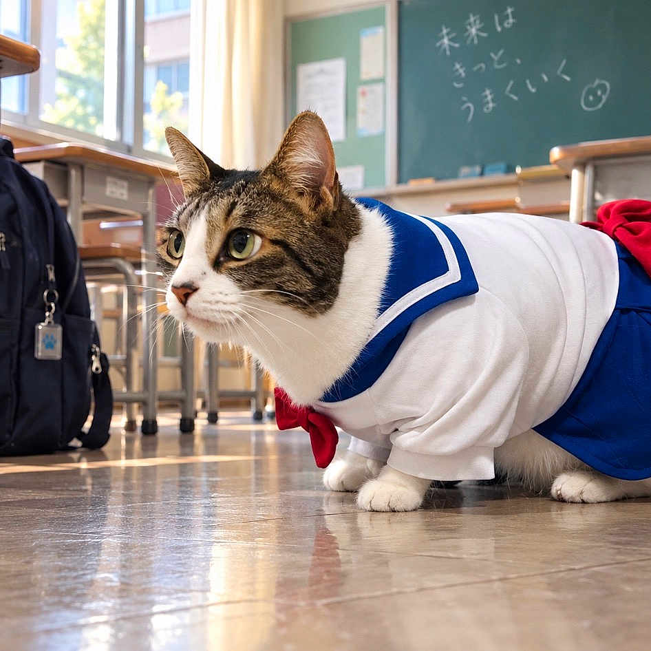 Wasabi joined the competition — help win amazing prizes! cat, animal, classroom, school, uniform, costume, sailor_uniform, blue, white, red, backpack, desks, chalkboard, japanese_writing, indoor, floor, reflection, crouching, whiskers, portrait