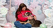 China joined the competition — help win amazing prizes! girl, child, person, dog, puppy, pet, cuddling, sitting, smiling, portrait, indoors, pastel, candy, lollipop, christmas, holiday, snow, decorations, pink, white