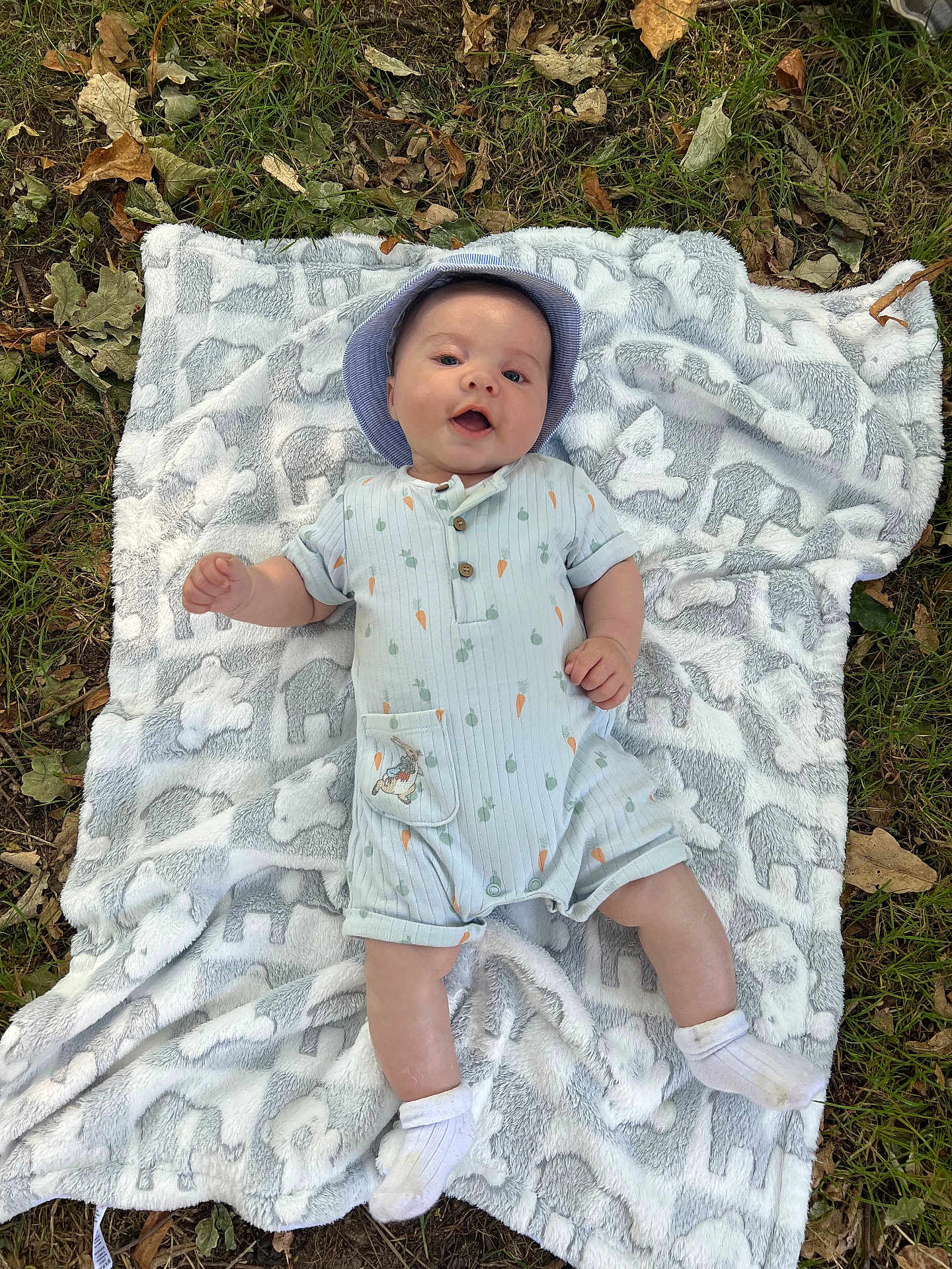 Mylo is registered to the contest to win money with this photo: baby, blanket, elephant_pattern, grass, leaves, hat, onesie, carrot_print, outdoor, infant, smiling, white_socks, nature, fall, cute, child, portrait, lying_down, soft_texture, happy