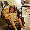 Valeria is registered to the contest to win money with this photo: child, car_seat, bib, indoor, flooring, chair, table, pencils, towel, person, smiling, wood_floor, toy, home, furniture, lighting, casual, young_child, baby, comfortable