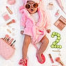 baby, infant, pink, robe, sunglasses, slippers, makeup, cosmetics, jewelry, hairdryer, cucumber_slices, milestone, months, blanket, accessories, cute, fashion, portrait, child, laying_down