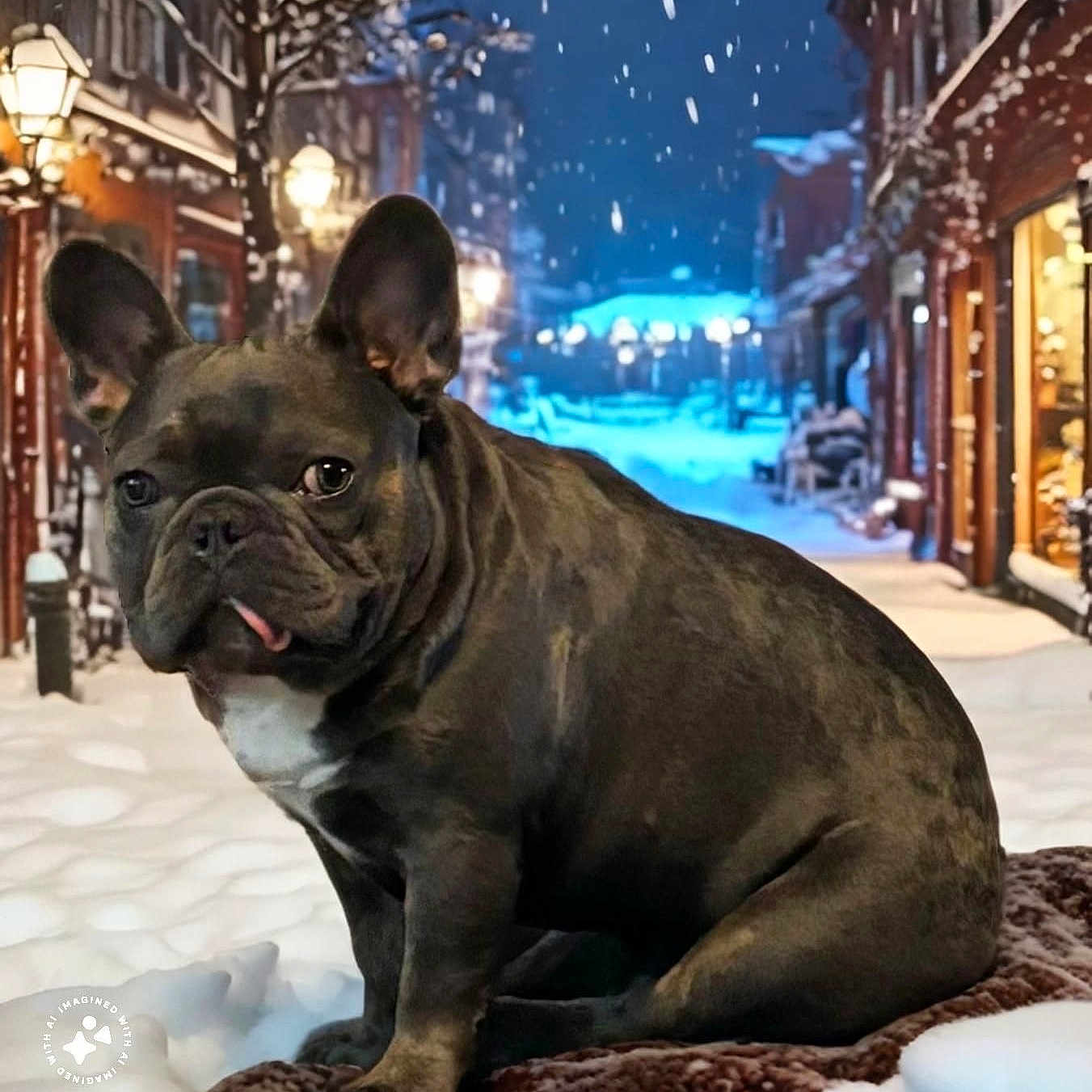 Toby joined the competition — help win amazing prizes! animal, blanket, building, canine, cold, cozy, cute, dog, falling_snow, french_bulldog, lamp_post, night, outdoor, pet, portrait, snow, street, tongue_out, urban, winter