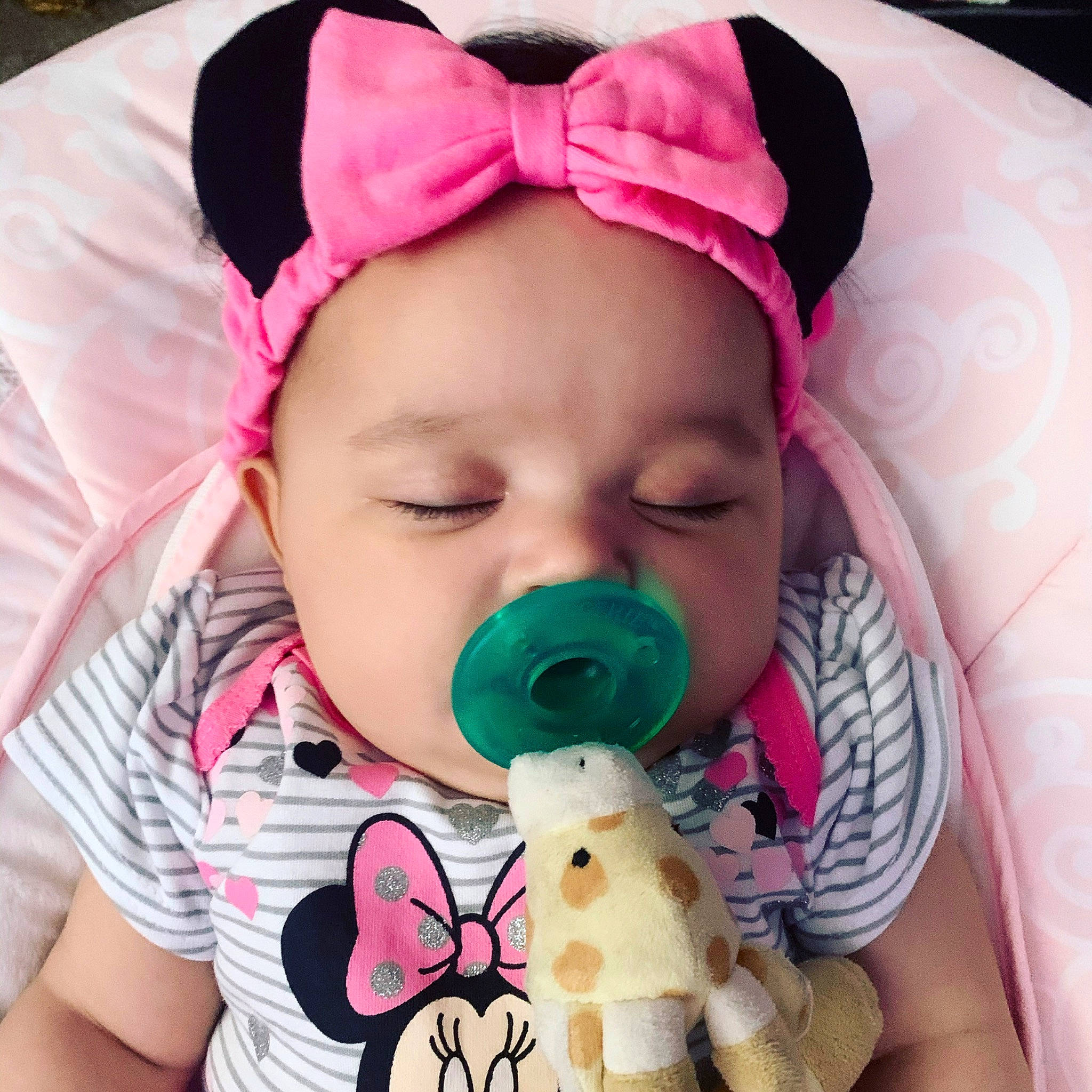 Briana is registered to the contest to win money with this photo: baby, cheek, child, companion_dog, ear, face, fashion_accessory, hair_accessory, head, headband, headgear, mouth, nose, person, pink, play, puppy_love, skin, stuffed_toy, toddler