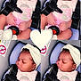 baby, sleeping, car_seat, headband, pink_clothing, infant, child, seatbelt, cute, peaceful, collage, heart_shape, newborn, safety, adorable, soft_light, indoor, closeup, portrait, child_seat