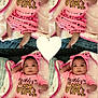 Honesti is registered to the contest to win money with this photo: baby, infant, pink_clothing, headband, blanket, heart_pattern, collage, cute, lying_down, smiling, adorable, child, portrait, indoor, soft_texture, fabric, love, family, toddler, baby_girl