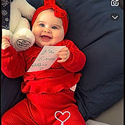 Aëlyna participe au concours pour gagner de l'argent avec cette photo : baby, red_clothing, headband, teddy_bear, cushion, smiling, handwritten_note, indoor, cute, child, portrait, happy, infant, plush_toy, person, sitting, cozy, bright_colors, soft_lighting, home
