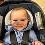 baby, child, car_seat, blue_hoodie, smile, happy, face, infant, straps, indoor, seatbelt, safety, headrest, clothing, person, cute, portrait, small_child, baby_boy, closeup