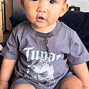 Santiago is registered to the contest to win money with this photo: toddler, child, indoor, portrait, sitting, tshirt, graphic_tee, spill, curious, face, eyes, shorts, socks, couch, furniture, home, young_child, expression, casual_clothing, bracelet