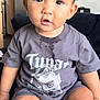 toddler, child, indoor, portrait, sitting, tshirt, graphic_tee, spill, curious, face, eyes, shorts, socks, couch, furniture, home, young_child, expression, casual_clothing, bracelet