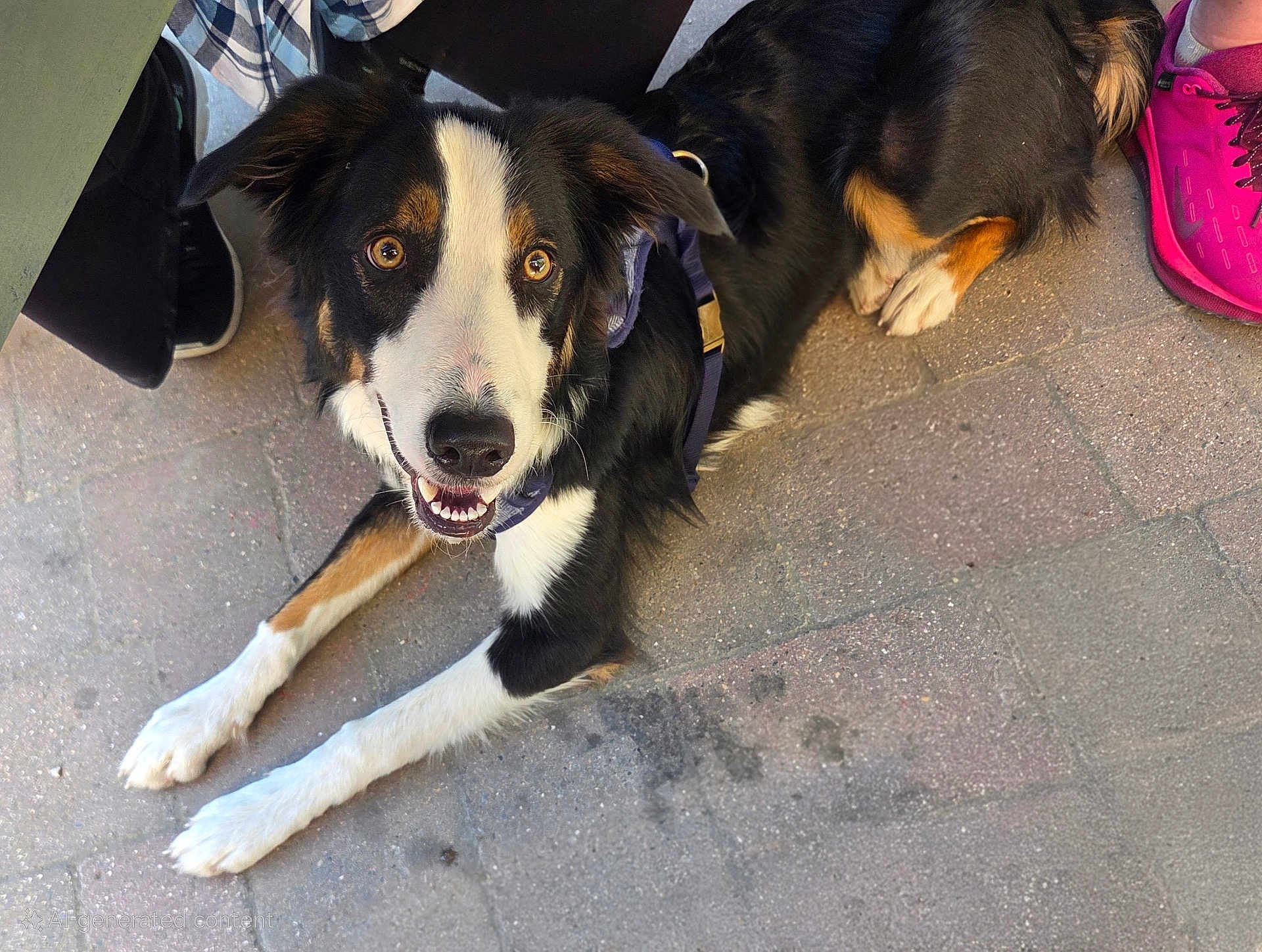 Magic joined the competition — help win amazing prizes! dog, border_collie, canine, pet, animal, outdoor, pavement, smiling, lying_down, black_fur, white_fur, brown_fur, happy, friendly, people, shoe, footwear, leash, collar, closeup