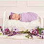 Everlie is registered to the contest to win money with this photo: newborn, baby, sleeping, purple_blanket, flower, headband, wooden_bed, fluffy_cushion, infant, peaceful, decor, soft_texture, portrait, cute, resting, indoor, pastel_colors, small, wrapped, adorable