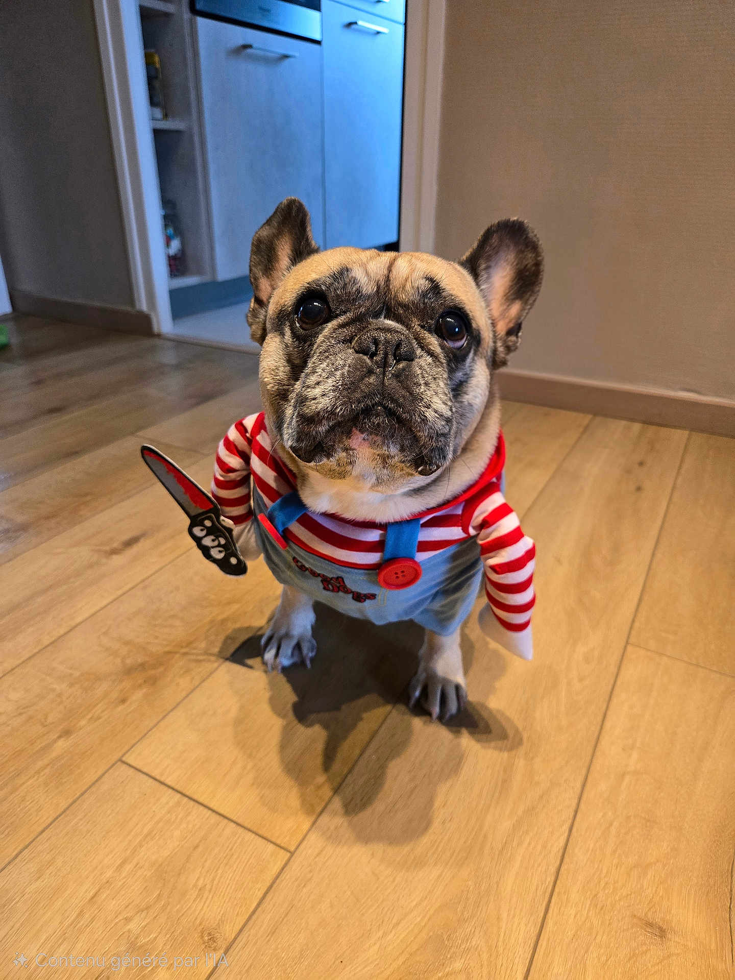 Maggie a rejoint le concours — aidez-le/la à gagner de superbes lots ! dog, french_bulldog, costume, striped_clothing, indoor, wooden_floor, pet, cute, small_dog, animal, looking_up, ears_up, brown_fur, black_nose, big_eyes, playful, adorable, flooring, home, funny