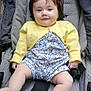 Clémence participe au concours pour gagner de l'argent avec cette photo : baby, child, stroller, yellow_cardigan, romper, infant, cute, smiling, face, legs, feet, hands, fabric, seat, comfort, outdoor, portrait, person, young_child, clothing