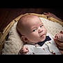 baby, basket, bow_tie, closeup, clothing, cozy, cute, decorative, expression, face, hand, holding_hand, indoor, infant, newborn, person, portrait, soft_texture, white_clothing, wooden_floor