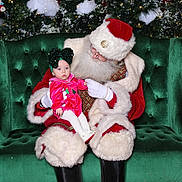 Millie-Grace joined the competition — help win amazing prizes! baby, celebration, child, christmas, christmas_tree, costume, cute, festive, fur_trim, green_couch, holiday, indoor, lights, person, portrait, red_carpet, santa_claus, seasonal, smile, snow_decor