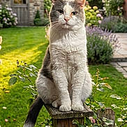 Alfred joined the competition — help win amazing prizes! alert, animal, backyard, cat, cute, daylight, fence, flowers, garden, grass, gray_cat, greenery, house, outdoor, pet, portrait, shed, sitting, white_cat, wooden_post