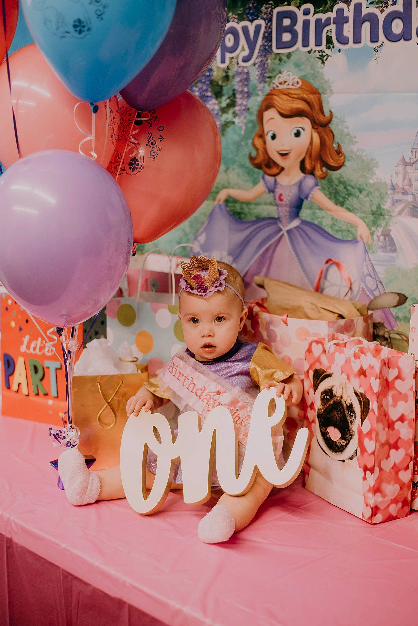 Sofia joined the competition — help win amazing prizes! arch, balloon, birthday, birthday_party, cake, cake_decorating, child, doll, event, fun, happy, headwear, icing, magenta, party_supply, peach, person, pink, sweetness, table