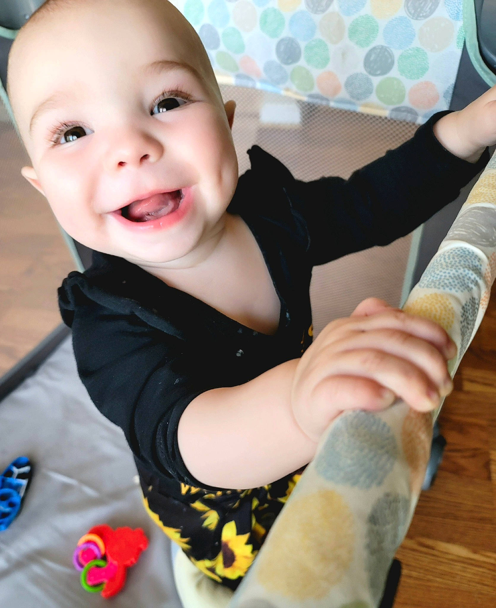 Freyja joined the competition — help win amazing prizes! arm, baby, baby_laughing, baby_toddler_clothing, cheek, comfort, cool, finger, gesture, happy, human_body, joy, neck, nose, person, skin, sleeve, smile, standing, thigh