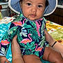 baby, blanket, blue_hat, child, colorful_clothing, cute, eyes, face, flamingo_pattern, hand, hat, holding, indoor, kitchen, person, portrait, sitting, skin, table, toddler