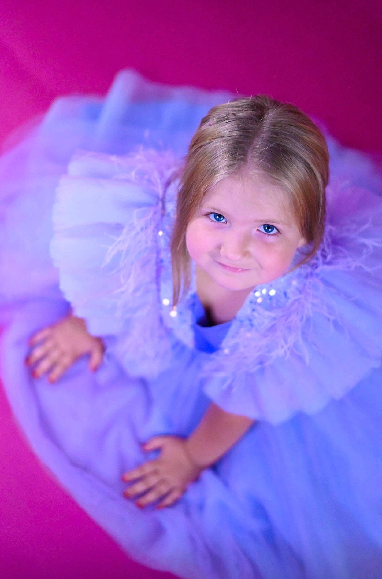 Mary is registered to the contest to win money with this photo: bridal_accessory, bridal_clothing, child, dress, electric_blue, event, face, flash_photography, fun, hand, happy, human_body, iris, joy, magenta, person, petal, pink, purple, skin