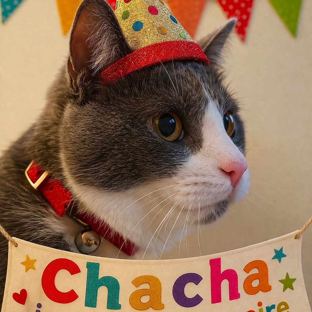 Chacha participe au concours pour gagner de l'argent avec cette photo : cat, gray_cat, white_cat, party_hat, birthday, celebration, colorful_banner, red_collar, close_up, pet, animal, festive, indoor, portrait, cute, whiskers, ears, pink_nose, birthday_party, decorations