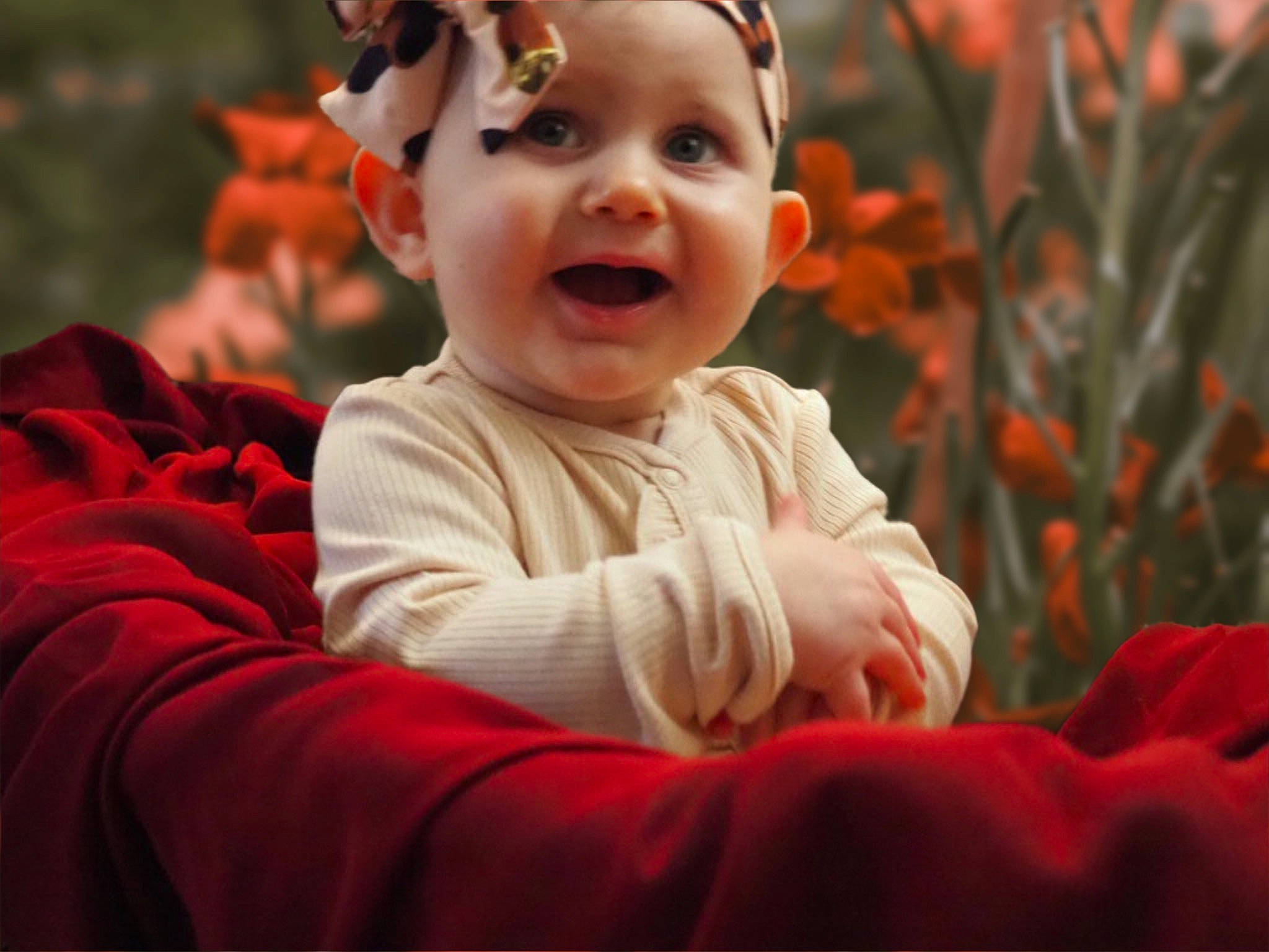 Kimber is registered to the contest to win money with this photo: baby, baby_toddler_clothing, cheek, child, eye, flash_photography, fun, goggles, grass, happy, lip, orange, people_in_nature, person, petal, plant, sitting, skin, sleeve, smile