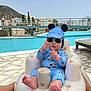 Smokey is registered to the contest to win money with this photo: baby, child, pool, sunglasses, hat, blue_clothing, inflatable_chair, bear_pattern, outdoor, summer, foot, person, water, sunny, vacation, relaxing, cute, swimwear, toy_pattern, mickey_mouse