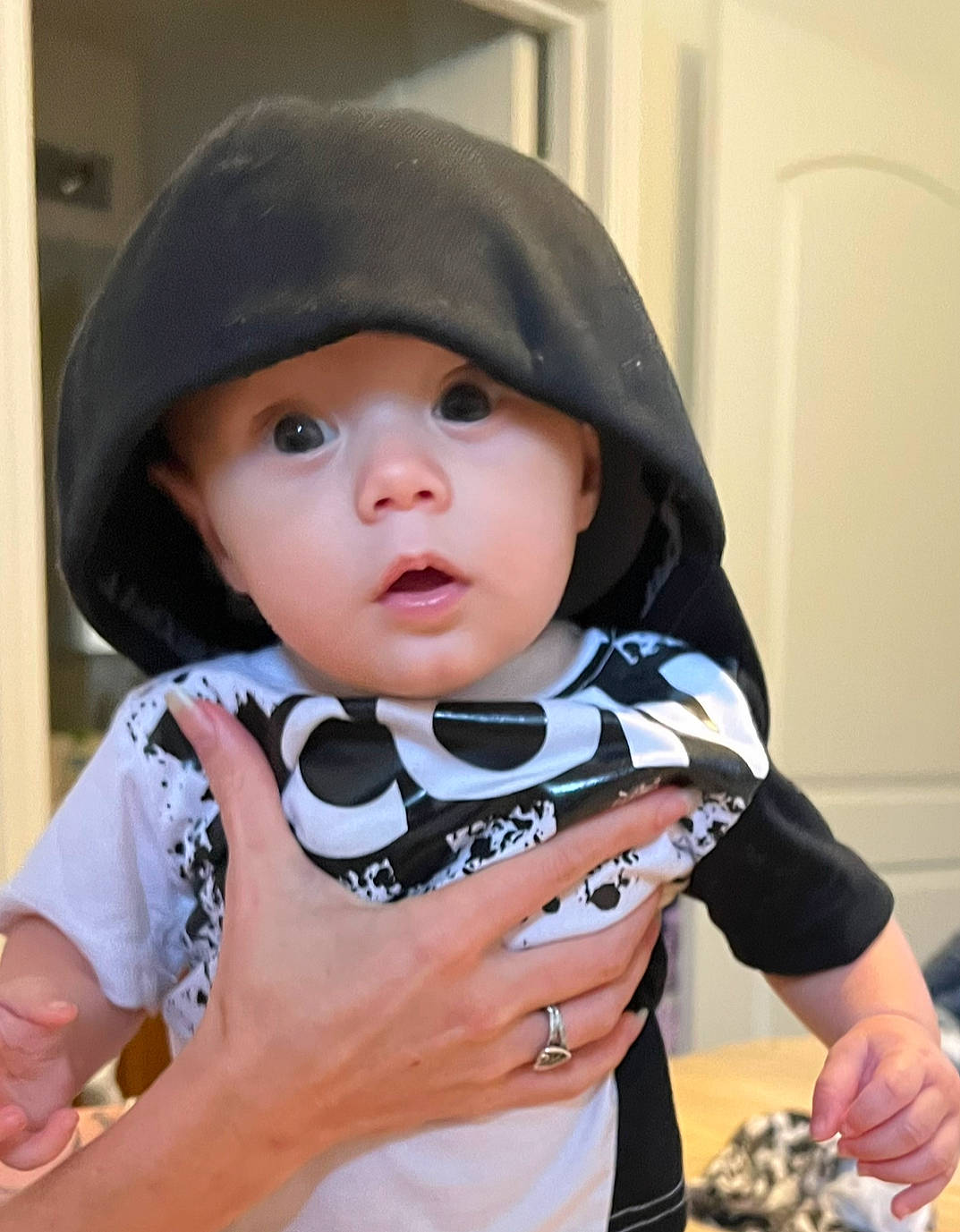 Ryder is registered to the contest to win money with this photo: baby, baby_toddler_clothing, cap, carmine, cheek, child, costume, eye, eyebrow, eyelash, face, fashion_accessory, fun, happy, headwear, lip, pattern, person, personal_protective_equipment, sleeve