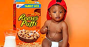 Roman is registered to the contest to win money with this photo: baby, infant, child, sitting, cereal, breakfast, milk, bottle, food, cereal_box, packaging, red_hat, backward_cap, necklace, diaper, socks, orange_background, studio_portrait, advertisement_style, smiling