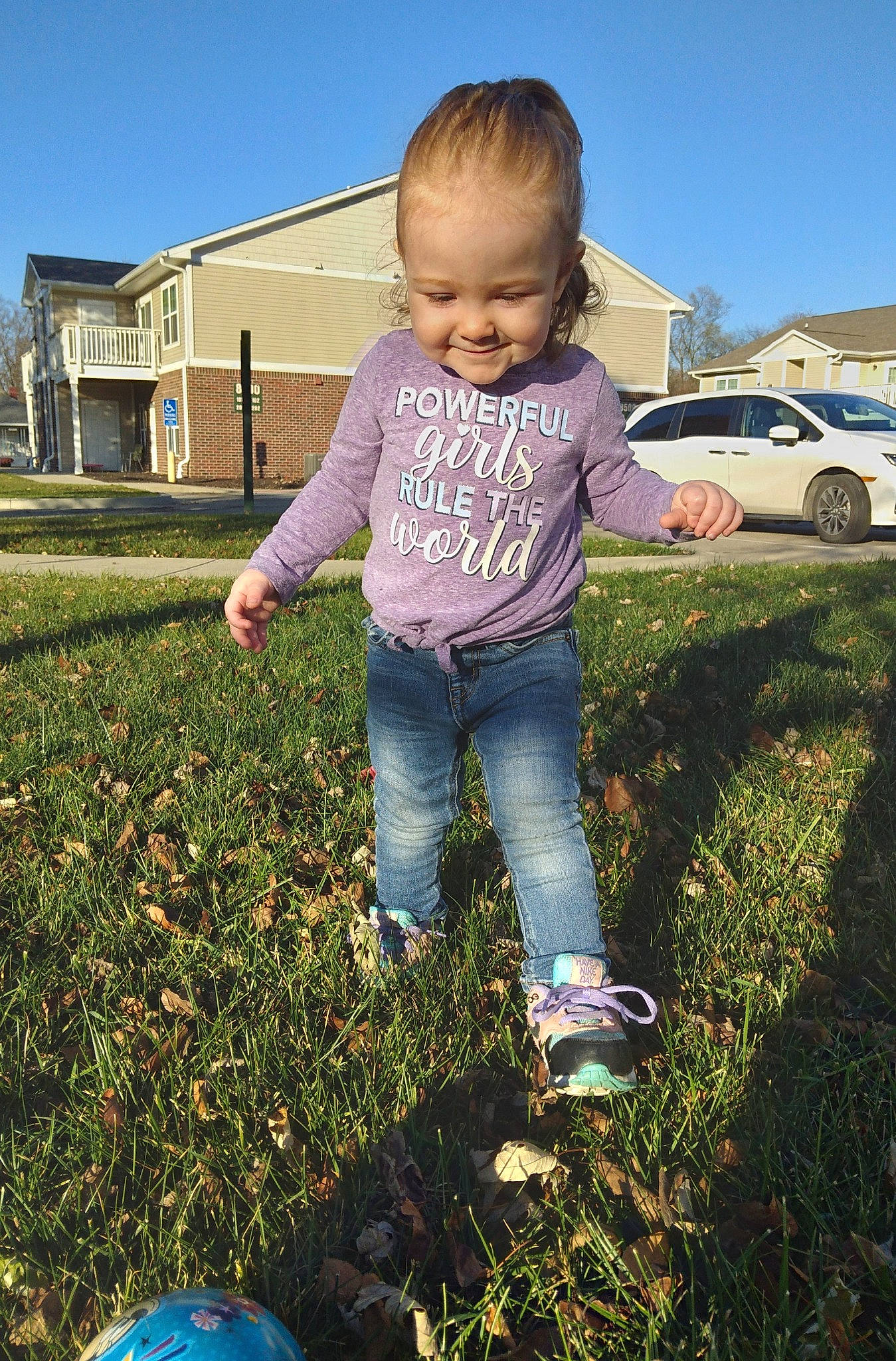 Freya is registered to the contest to win money with this photo: ball, car, child, grass, grass_family, grassland, happy, jeans, joy, landscape, leaf, leisure, meadow, natural_environment, people_in_nature, person, plant, sky, sunlight, tints_and_shades