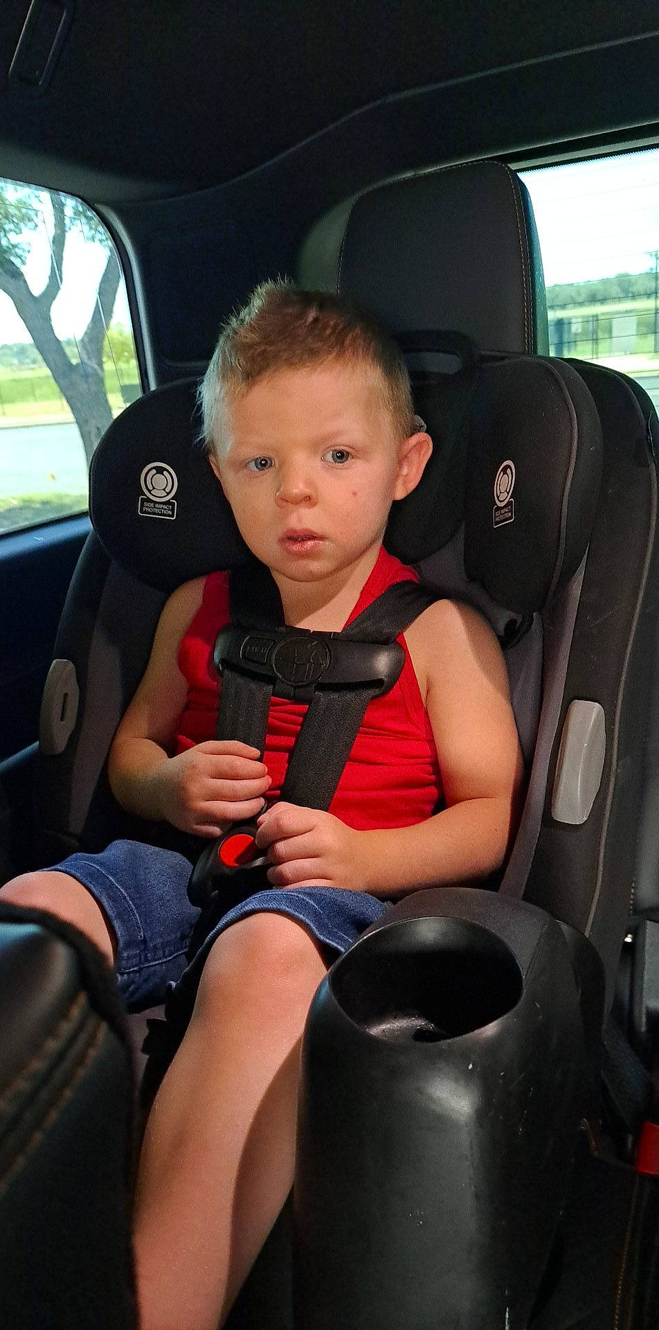 Mason is registered to the contest to win money with this photo: auto_part, automotive_design, automotive_exterior, car, car_seat, car_seat_cover, child, clothing, comfort, family_car, head_restraint, motor_vehicle, person, plant, seat_belt, steering_part, steering_wheel, toddler, vehicle, vehicle_door