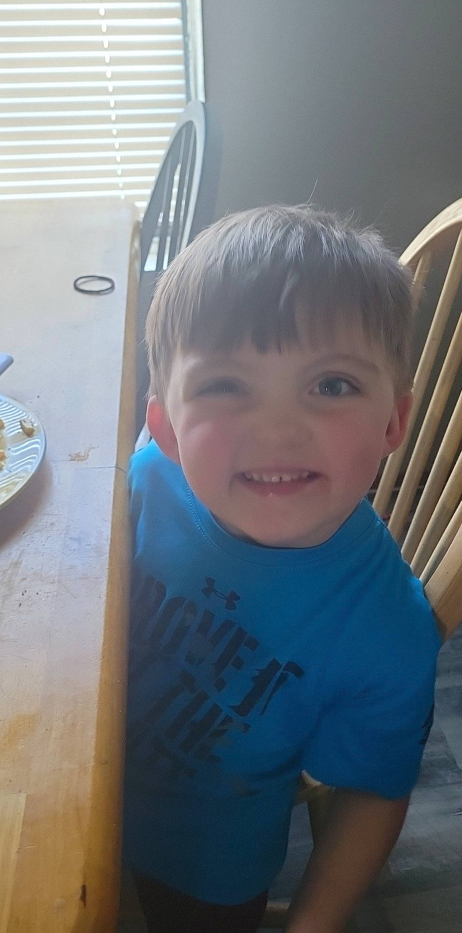 John joined the competition — help win amazing prizes! bangs, cheek, child, cool, electric_blue, eye, eyebrow, eyelash, fun, hair, happy, iris, joy, nose, person, skin, smile, t_shirt, thumb, toddler