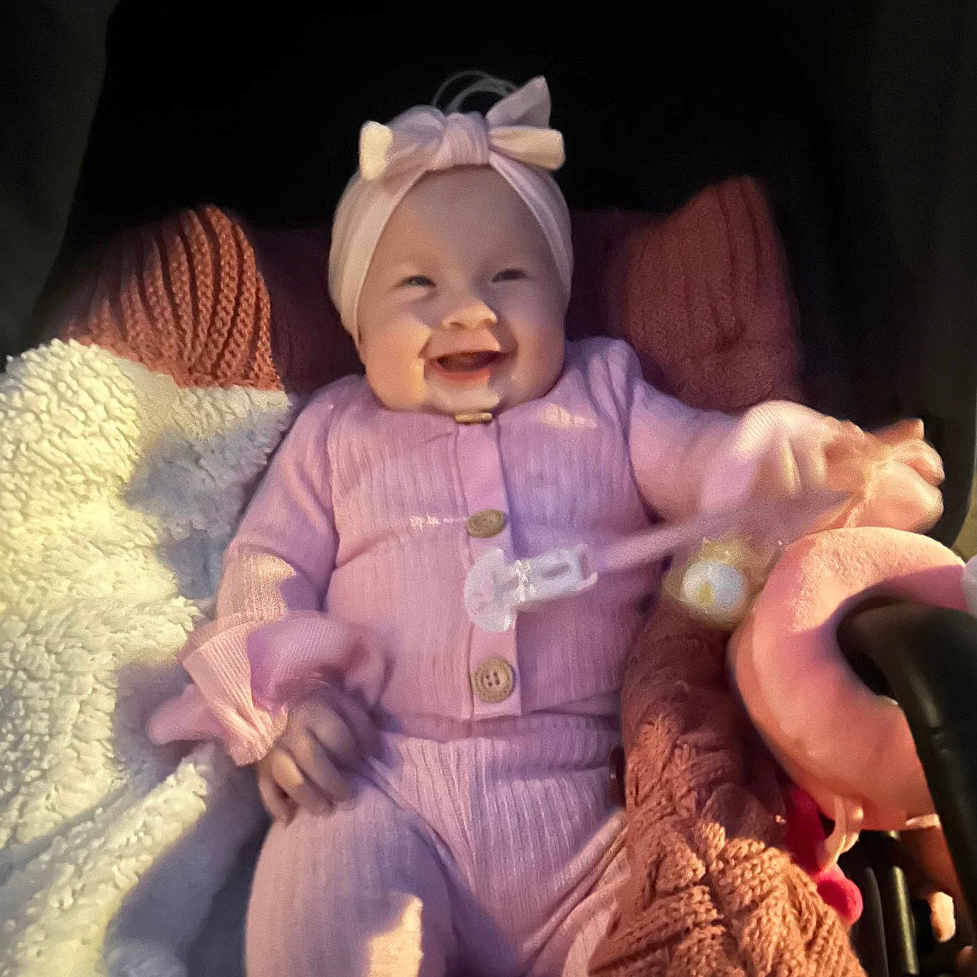 Darci-Leigh joined the competition — help win amazing prizes! baby, bodypart, bonnet, cap, clothing, couch, doll, dress, face, finger, furniture, glove, hand, hat, head, newborn, person, photography, portrait, toy