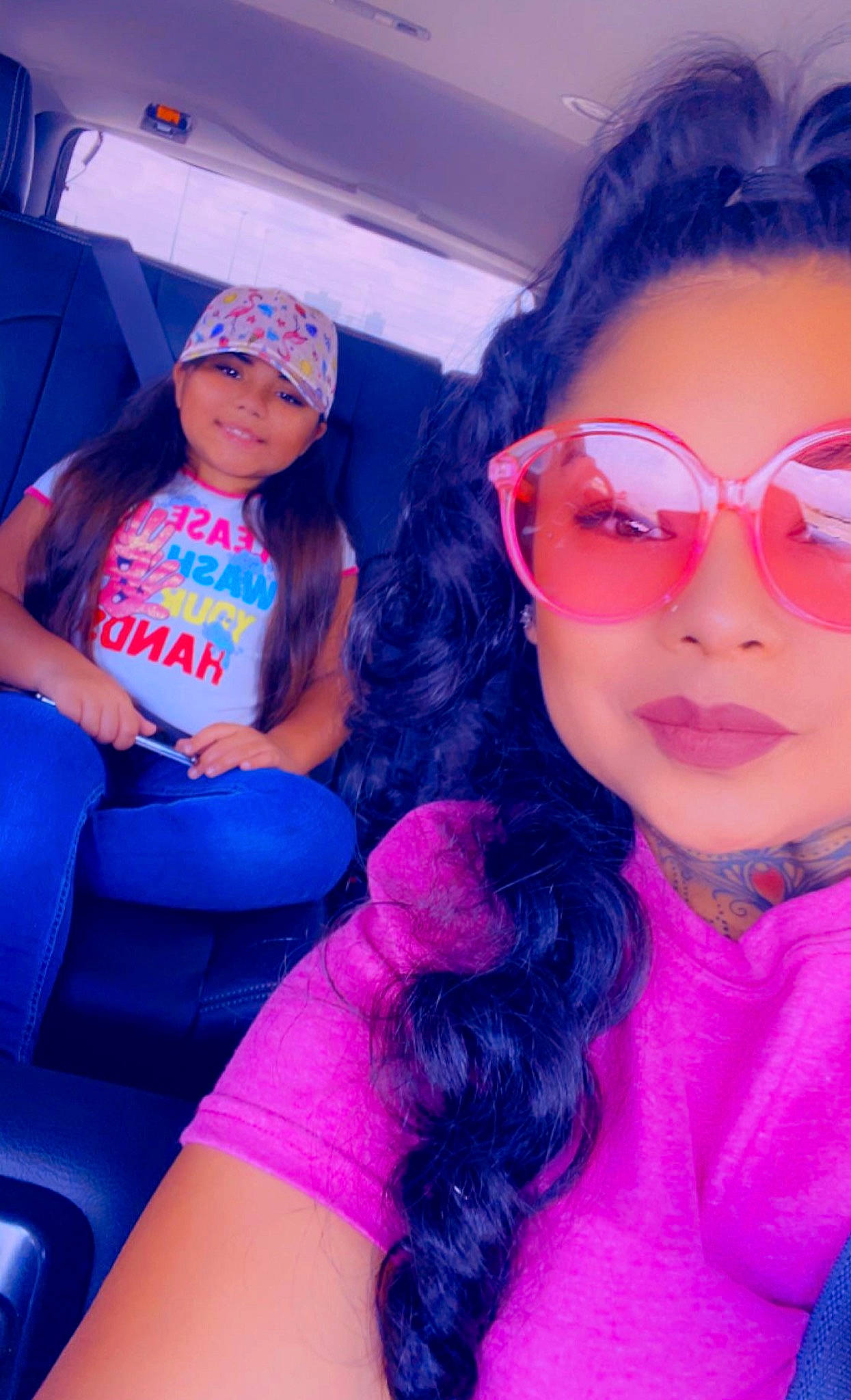 Miracle is registered to the contest to win money with this photo: azure, baseball_cap, blue, cap, cool, eyelash, eyewear, facial_expression, fun, glasses, happy, headwear, joy, magenta, mouth, person, pink, purple, red, skin